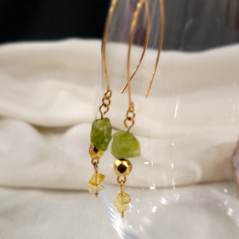 Raw Peridot and Citrine Earrings - Picture 2 of 2